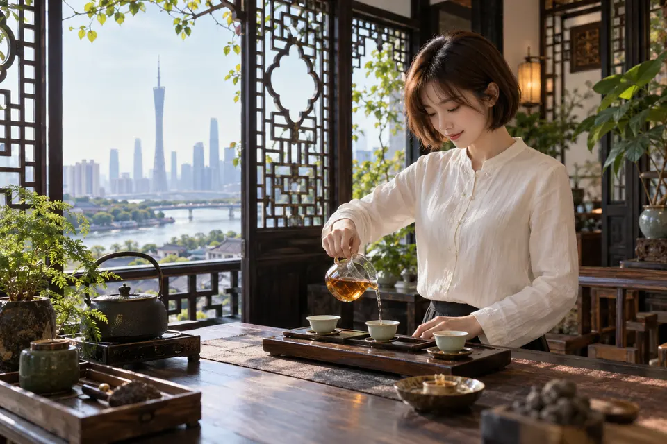 岭南花窗旁的冲泡空间，公道杯正在分茶