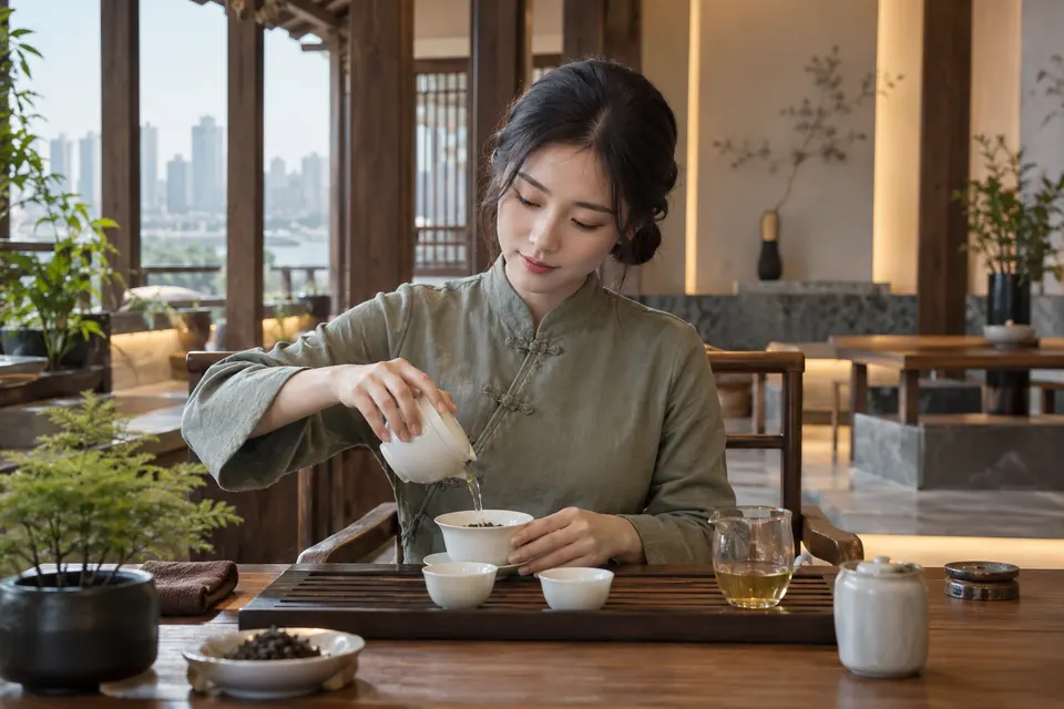 新中式盖碗冲泡场景，盖碗与茶席细节