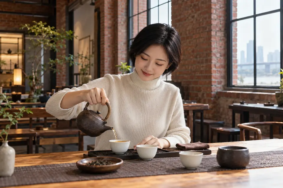 红砖改造空间中的倒茶动作与陶壶