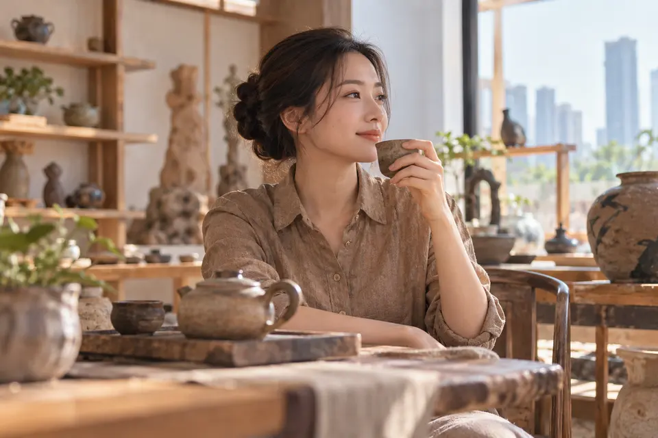 陶艺茶器工作室中的茶杯与陶壶陈列