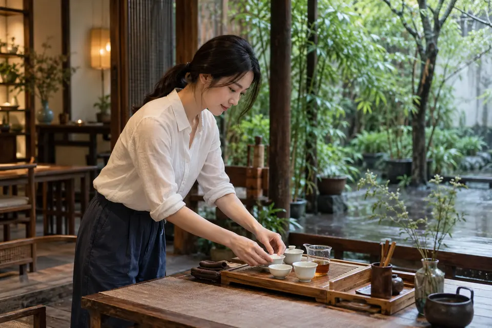 成都庭院茶席布置，竹制茶具与盖碗摆放在茶桌上
